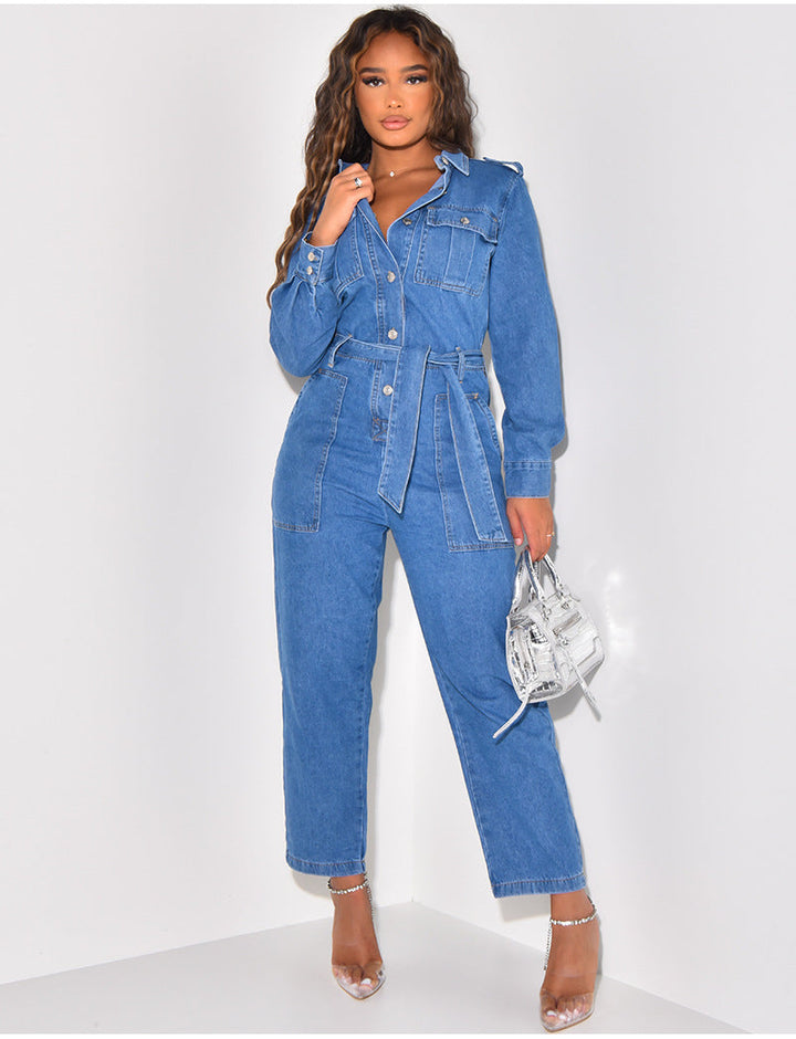 SAGE - Women's Denim Belted Jumpsuit