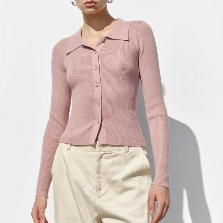GAIDAA - Women's Collared Ribbed Button-Up Cardigan