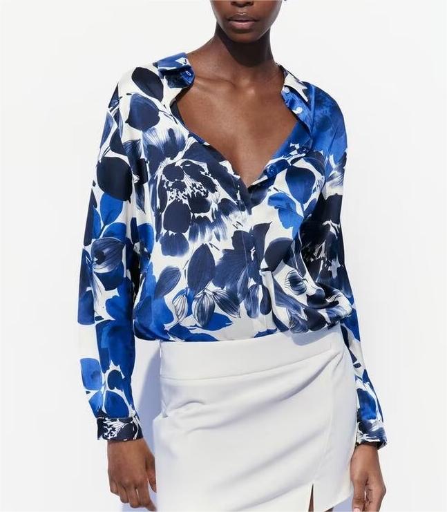 JIAN - Blue Floral Silk-Like Blouse