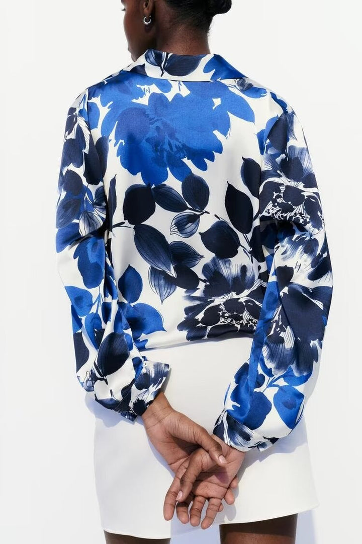 JIAN - Blue Floral Silk-Like Blouse