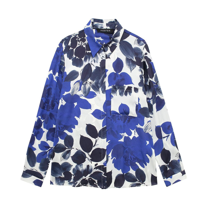 JIAN - Blue Floral Silk-Like Blouse