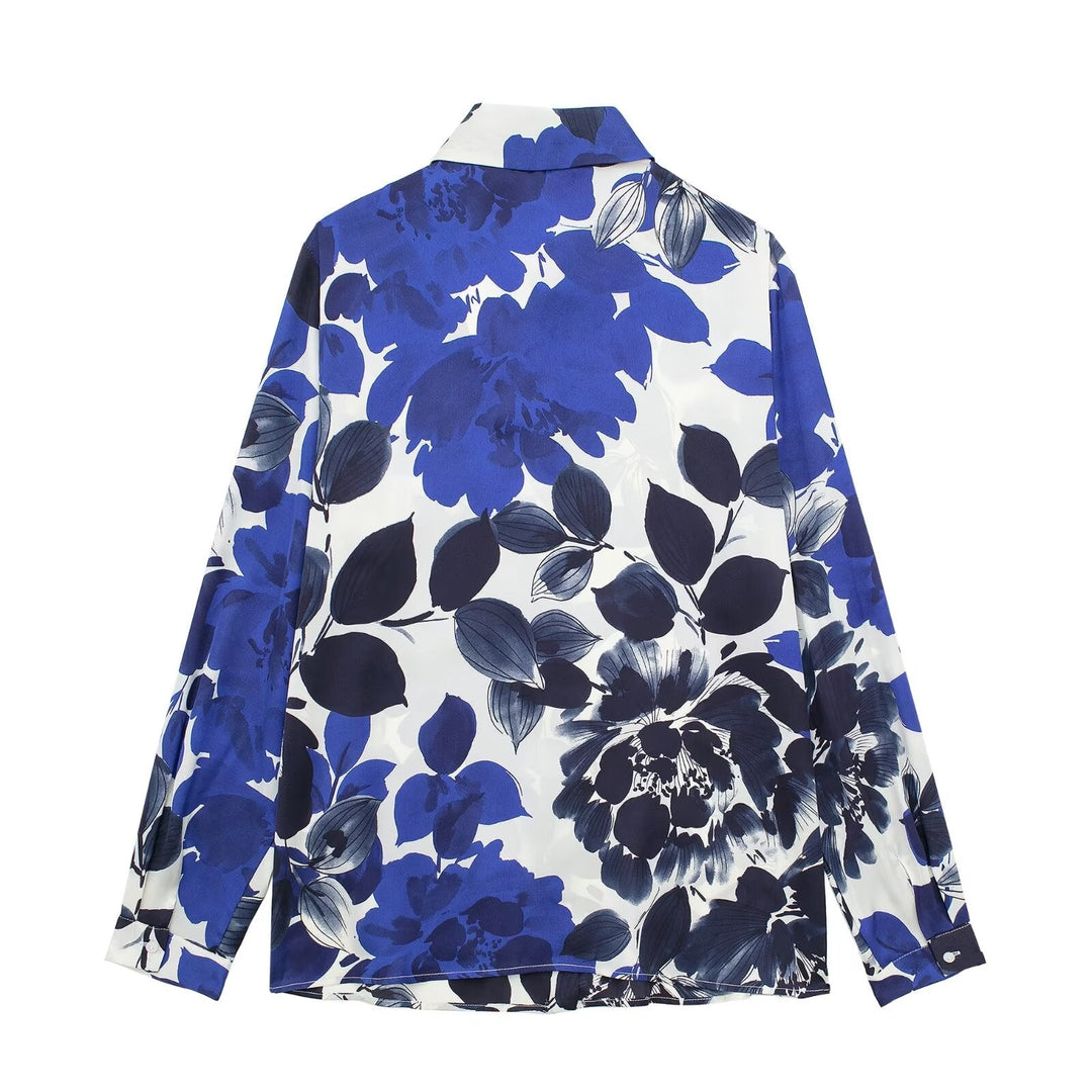 JIAN - Blue Floral Silk-Like Blouse