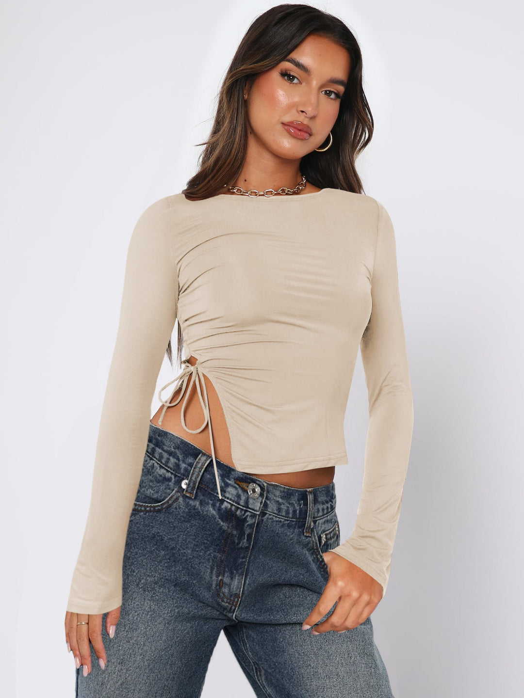 TAYA – Long Sleeve Crop Top with Side Ruching