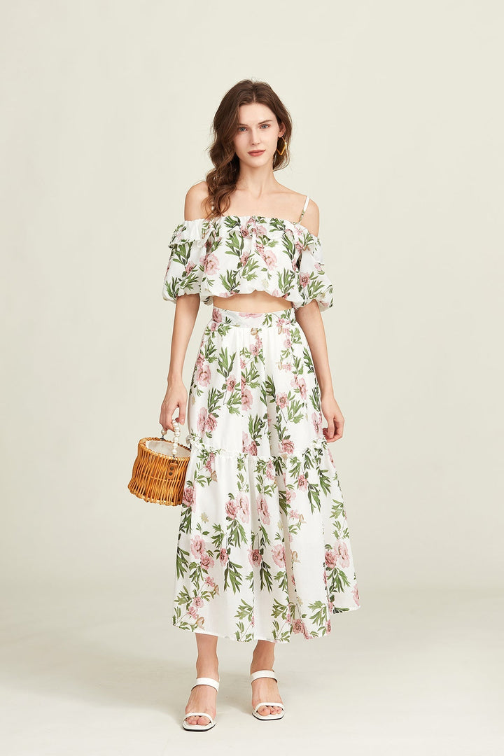 FAYRA – Floral Off-Shoulder Puff Sleeve Two-Piece Set