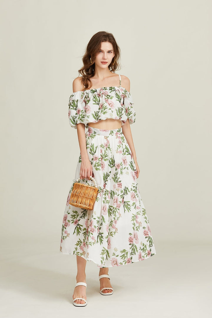 FAYRA – Floral Off-Shoulder Puff Sleeve Two-Piece Set