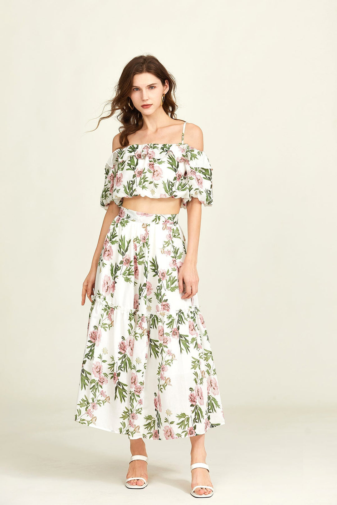 FAYRA – Floral Off-Shoulder Puff Sleeve Two-Piece Set