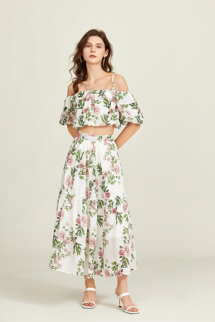 FAYRA – Floral Off-Shoulder Puff Sleeve Two-Piece Set