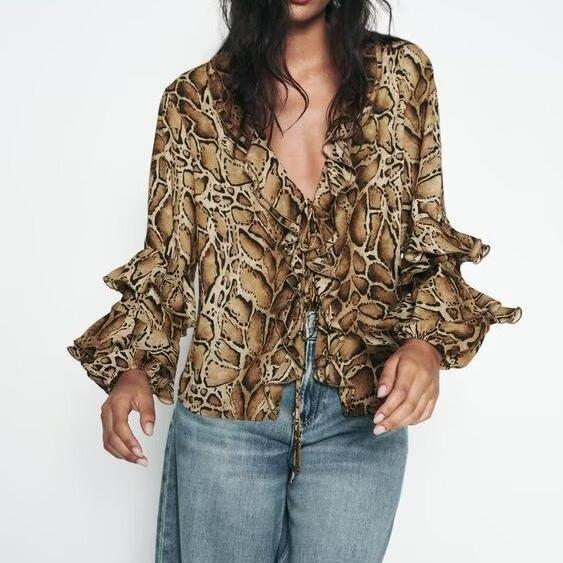 AMELA – Snake Print Blouse with Ruffle Sleeves