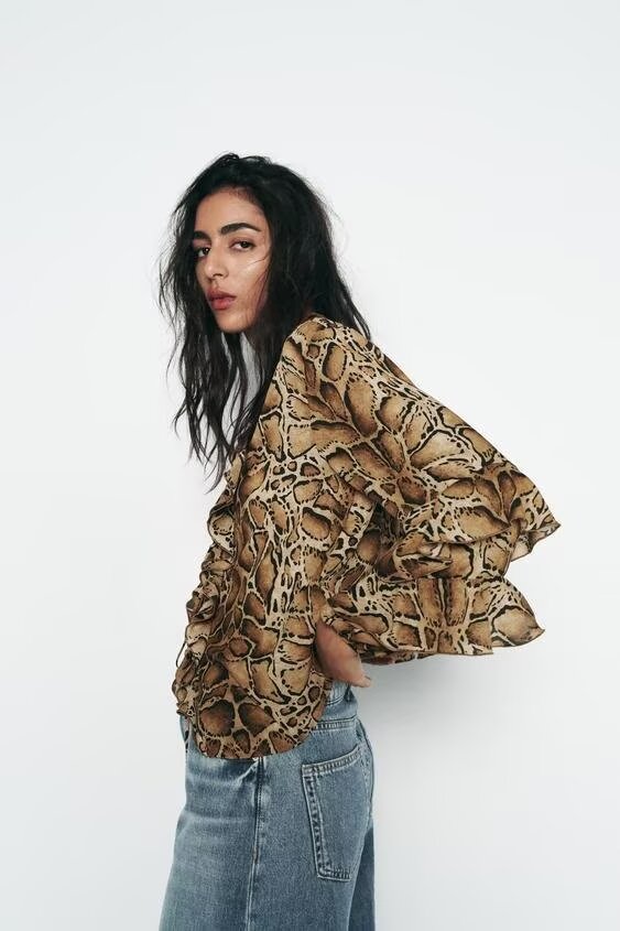 AMELA – Snake Print Blouse with Ruffle Sleeves