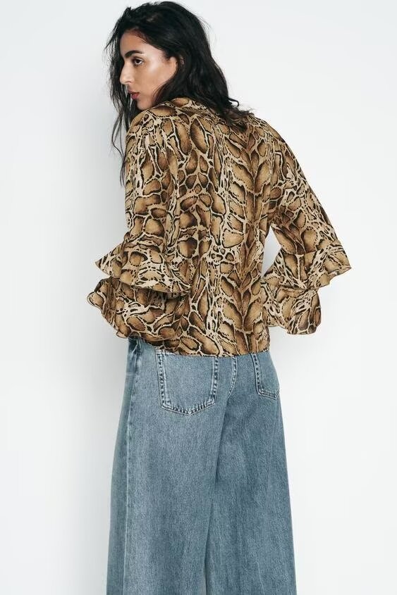 AMELA – Snake Print Blouse with Ruffle Sleeves
