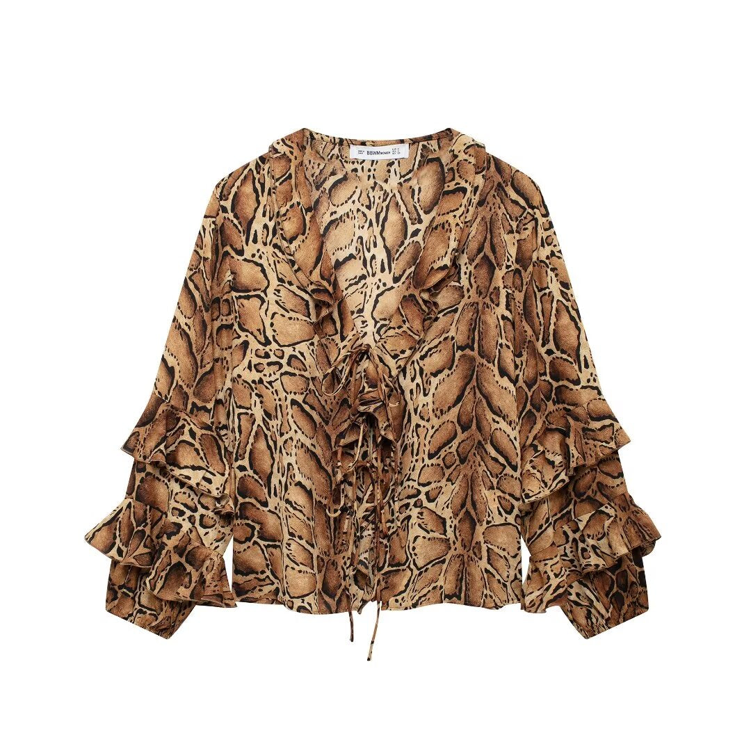 AMELA – Snake Print Blouse with Ruffle Sleeves