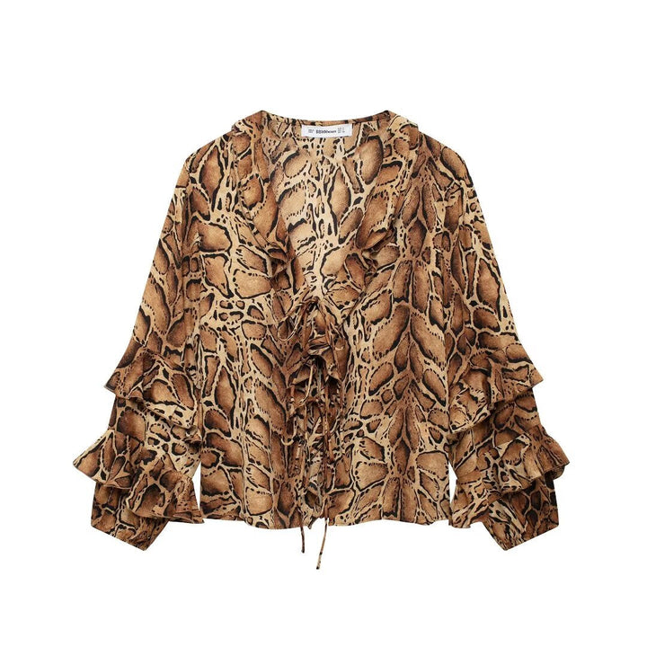 AMELA – Snake Print Blouse with Ruffle Sleeves