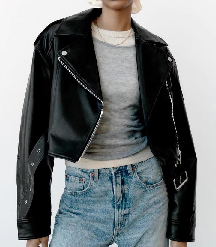 EMMA – Short Vegan Leather Biker Jacket