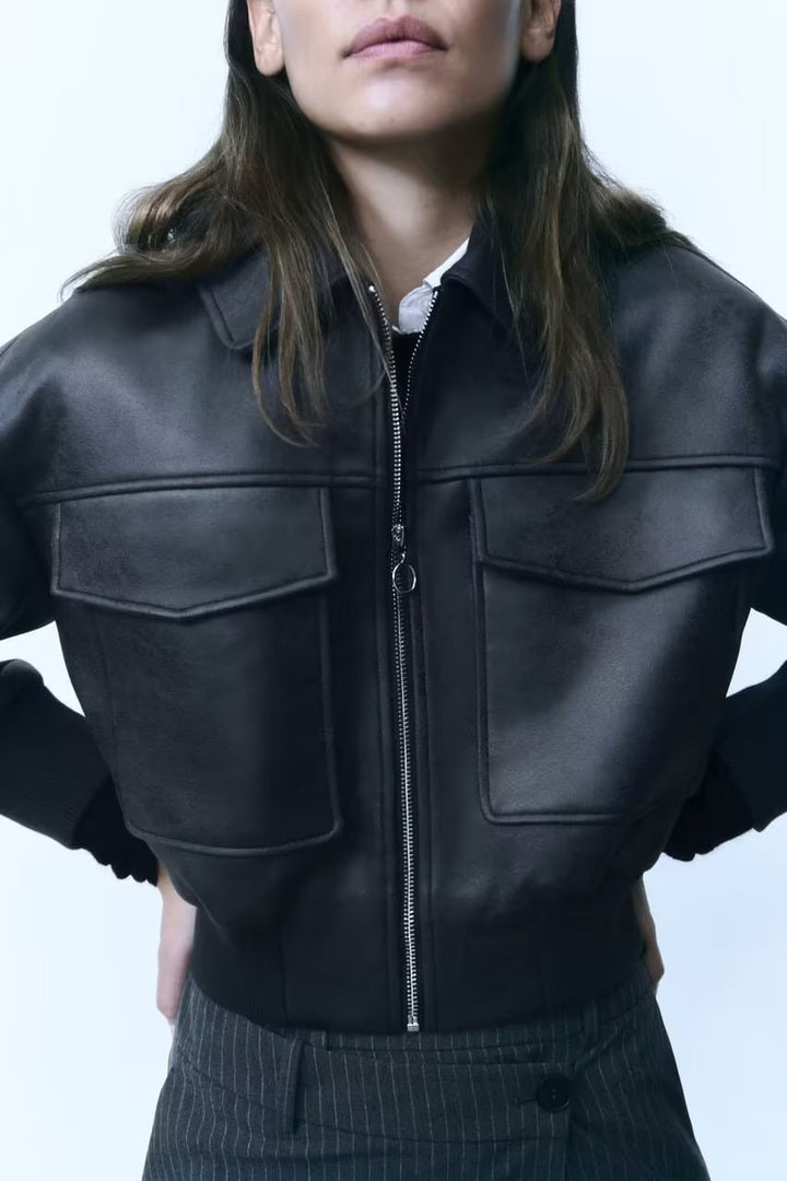 ELANOR - Women's Black Vegan Leather Bomber Jacket