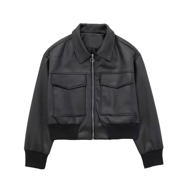 ELANOR - Women's Black Vegan Leather Bomber Jacket