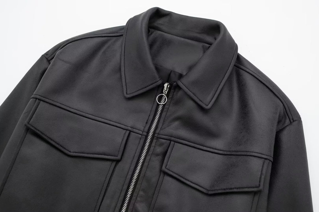 ELANOR - Women's Black Vegan Leather Bomber Jacket