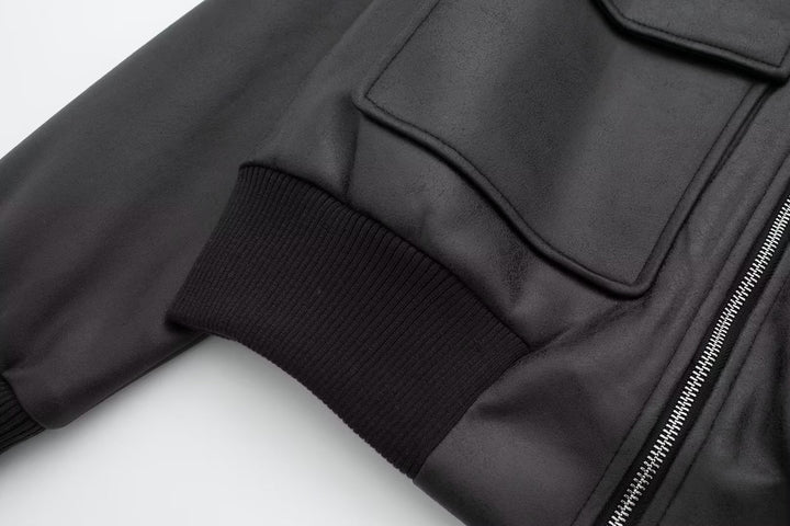 ELANOR - Women's Black Vegan Leather Bomber Jacket