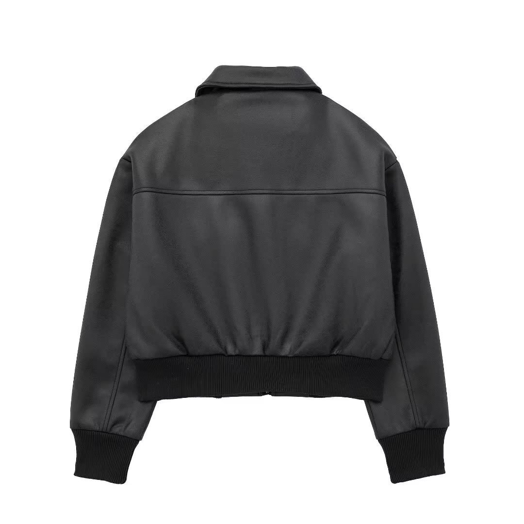 ELANOR - Women's Black Vegan Leather Bomber Jacket