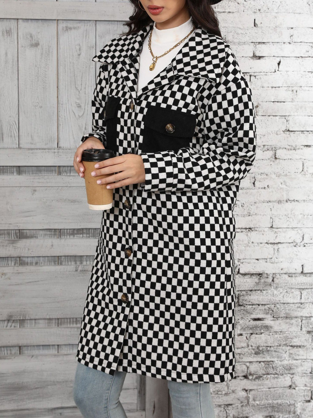 VENNAM -  Women's Long Checkerboard Pattern Coat