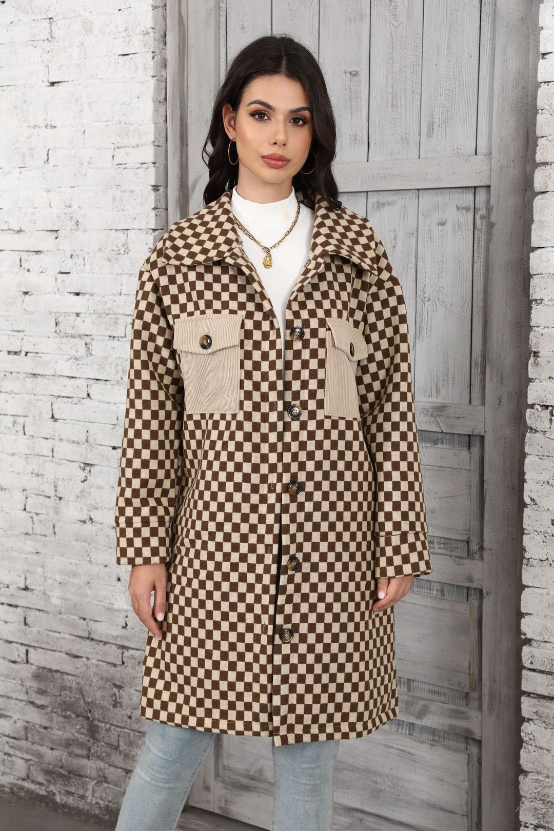 VENNAM -  Women's Long Checkerboard Pattern Coat