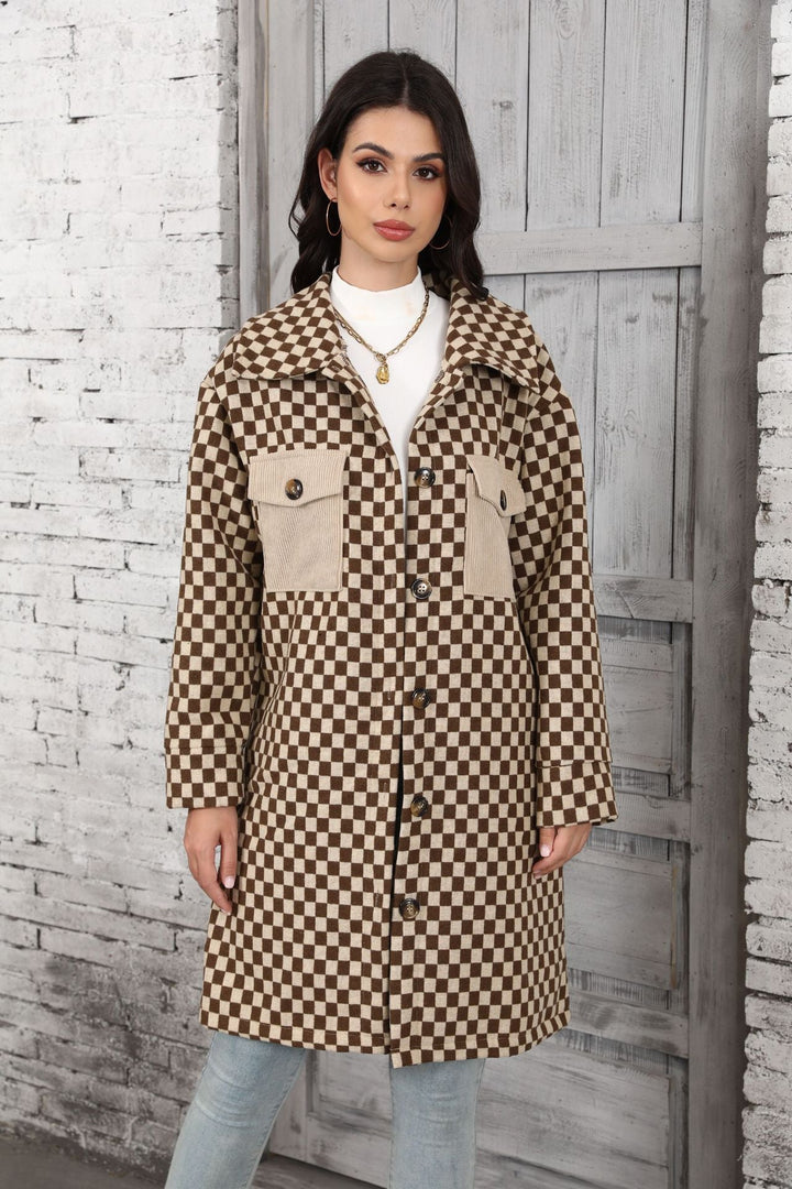 VENNAM -  Women's Long Checkerboard Pattern Coat