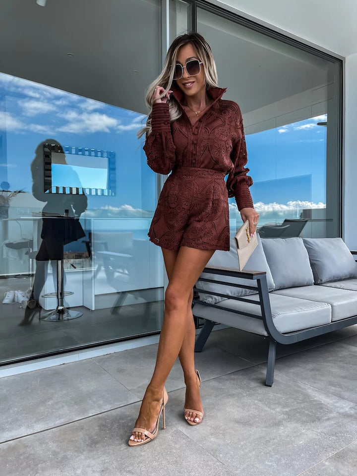 MARY - Women's Lace Blazer Top & Shorts Set