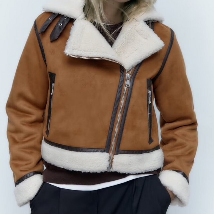 CLARA - Women's Camel Shearling Aviator Jacket