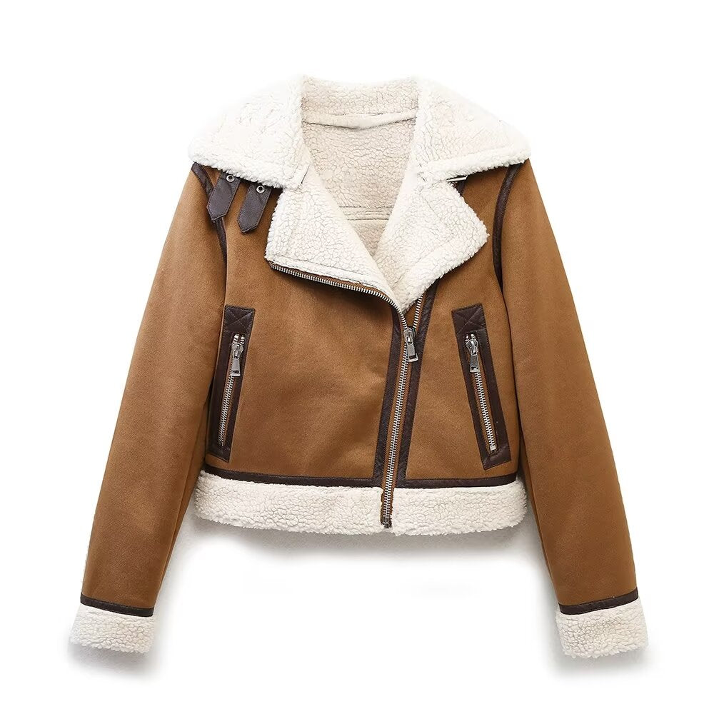 CLARA - Women's Camel Shearling Aviator Jacket