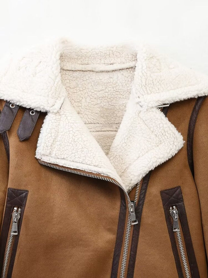 CLARA - Women's Camel Shearling Aviator Jacket