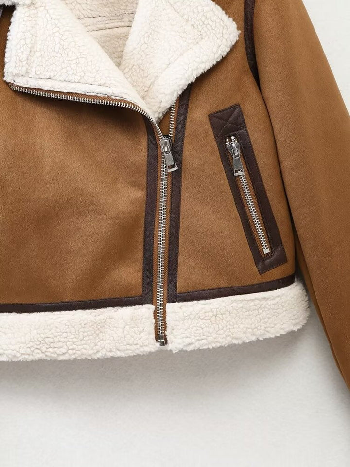 CLARA - Women's Camel Shearling Aviator Jacket
