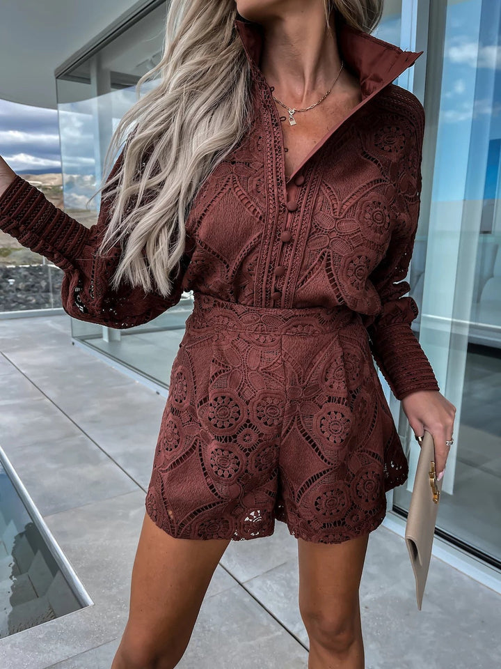 MARY - Women's Lace Blazer Top & Shorts Set