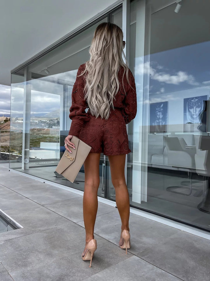 MARY - Women's Lace Blazer Top & Shorts Set