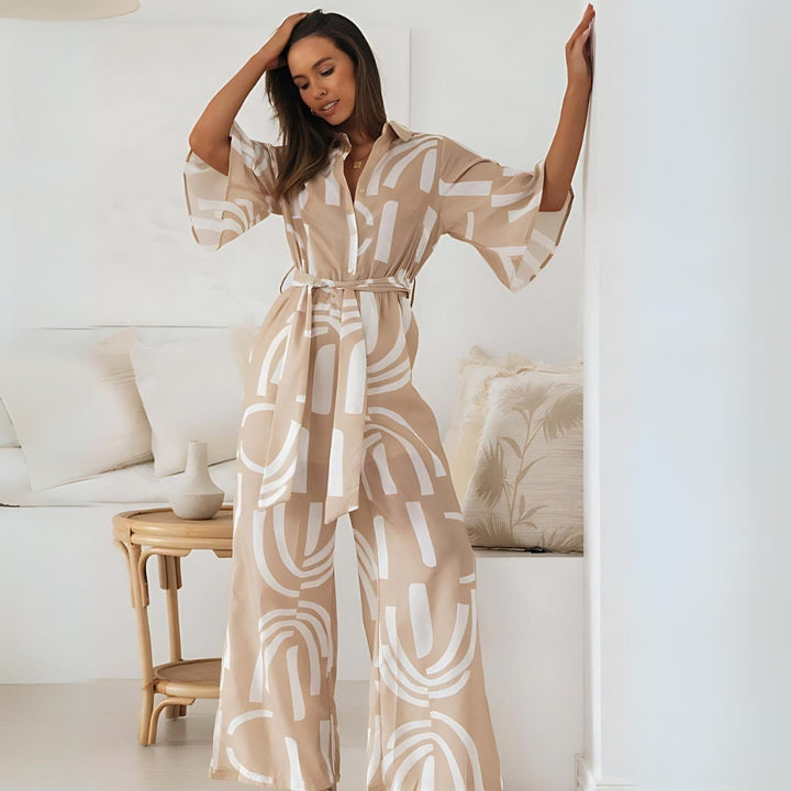 ROYA -  Beige Belted Wide-Leg Jumpsuit