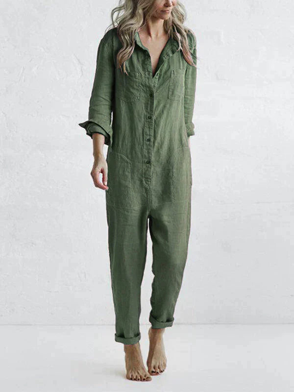 VIOLA - Cotton Turn-Down Collar Jumpsuit with Relaxed Fit