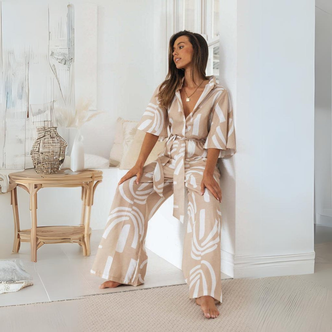 ROYA -  Beige Belted Wide-Leg Jumpsuit