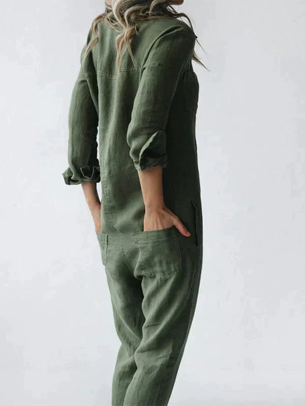 VIOLA - Cotton Turn-Down Collar Jumpsuit with Relaxed Fit