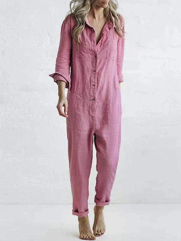 VIOLA - Cotton Turn-Down Collar Jumpsuit with Relaxed Fit