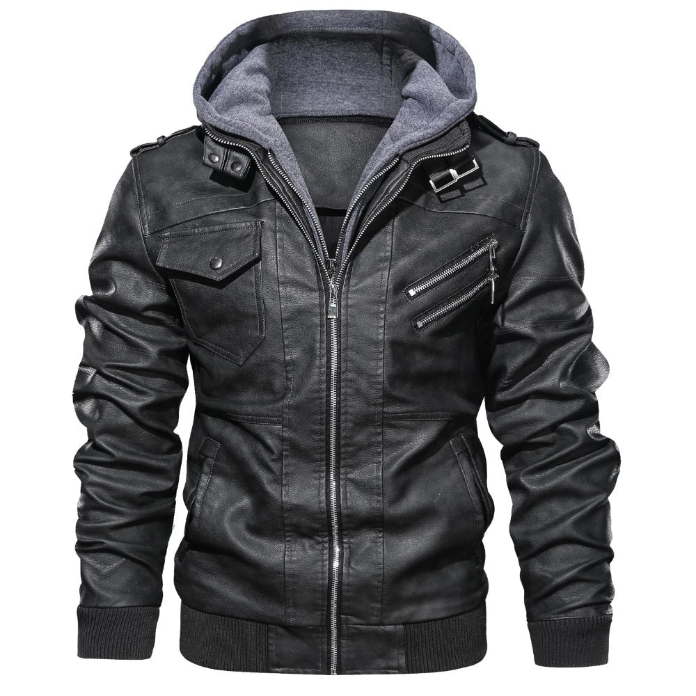 STEELE - Men's Leather Jacket with Hood