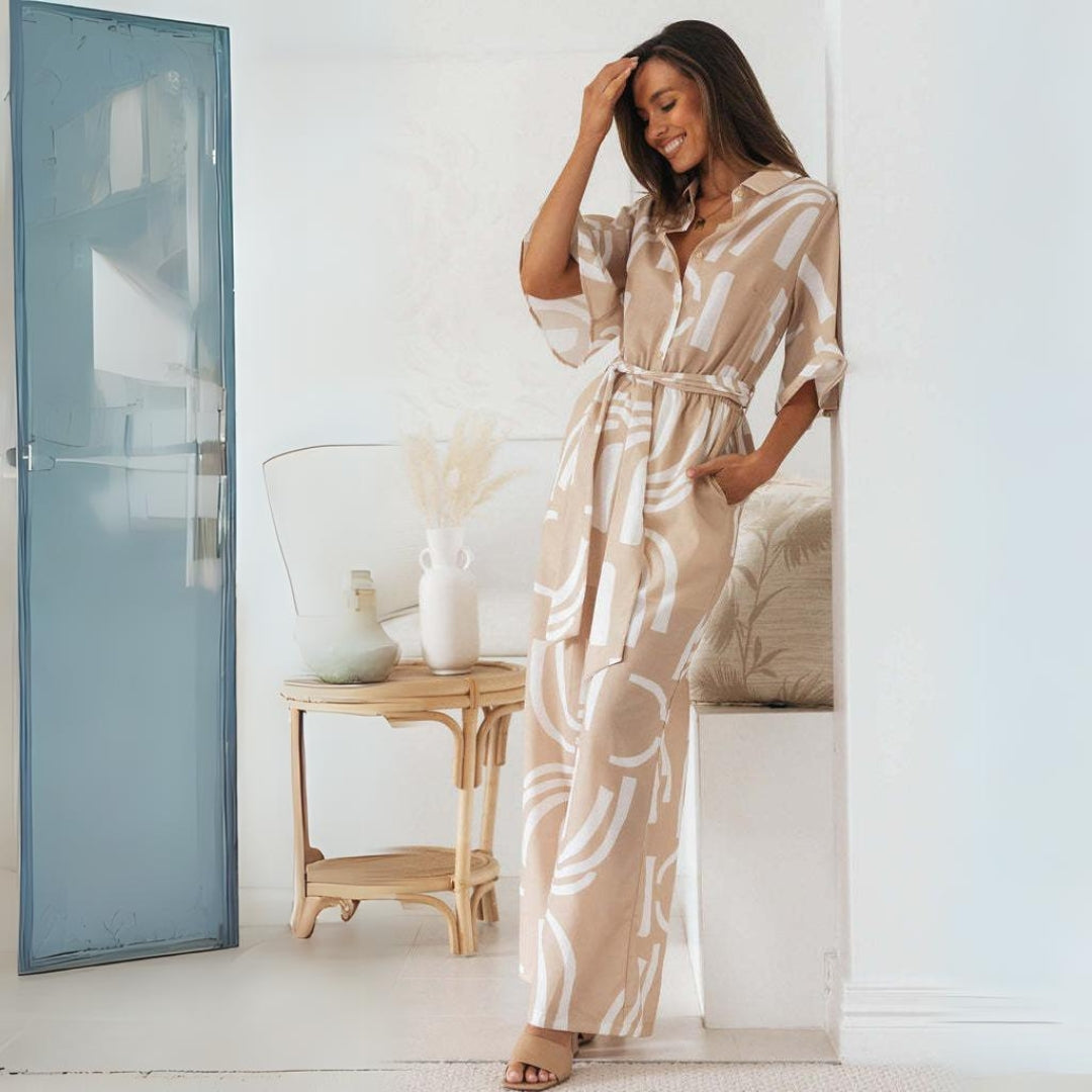 ROYA -  Beige Belted Wide-Leg Jumpsuit