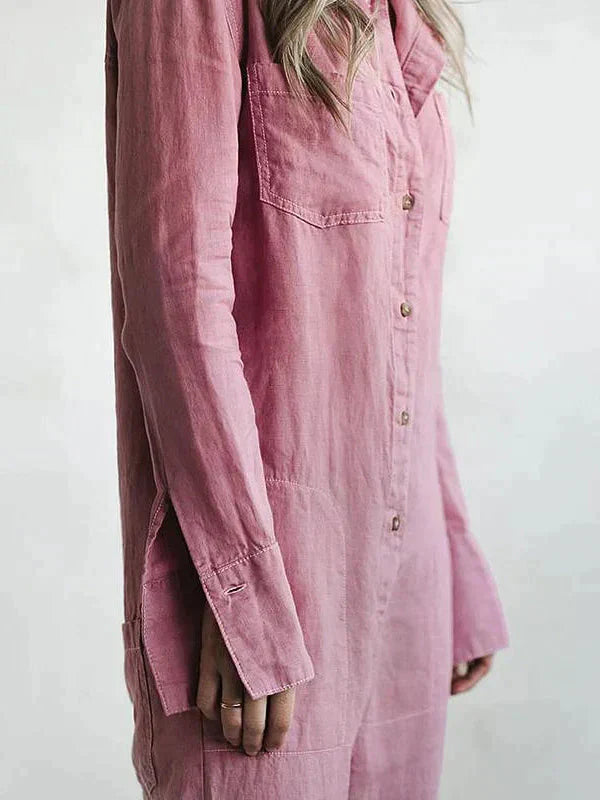 VIOLA - Cotton Turn-Down Collar Jumpsuit with Relaxed Fit