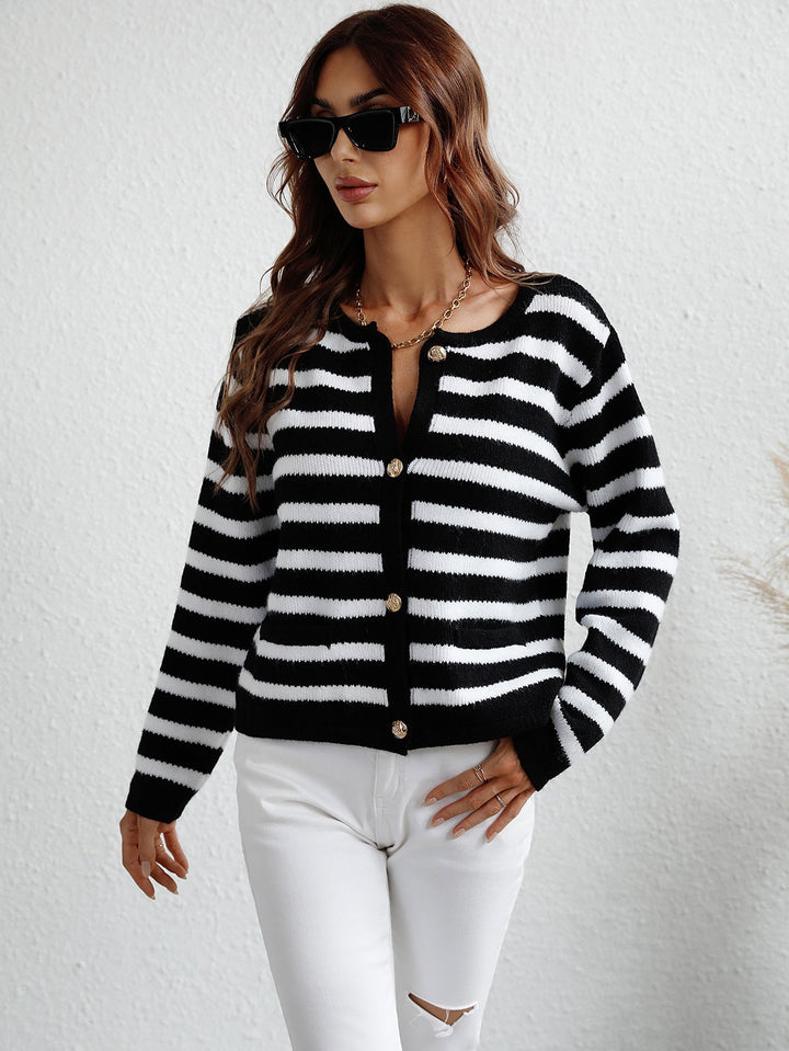 CRESSY - Women's Striped Button-Up Knit Cardigan
