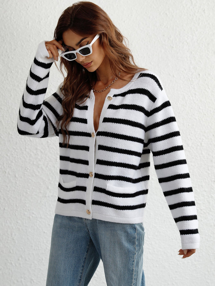 CRESSY - Women's Striped Button-Up Knit Cardigan