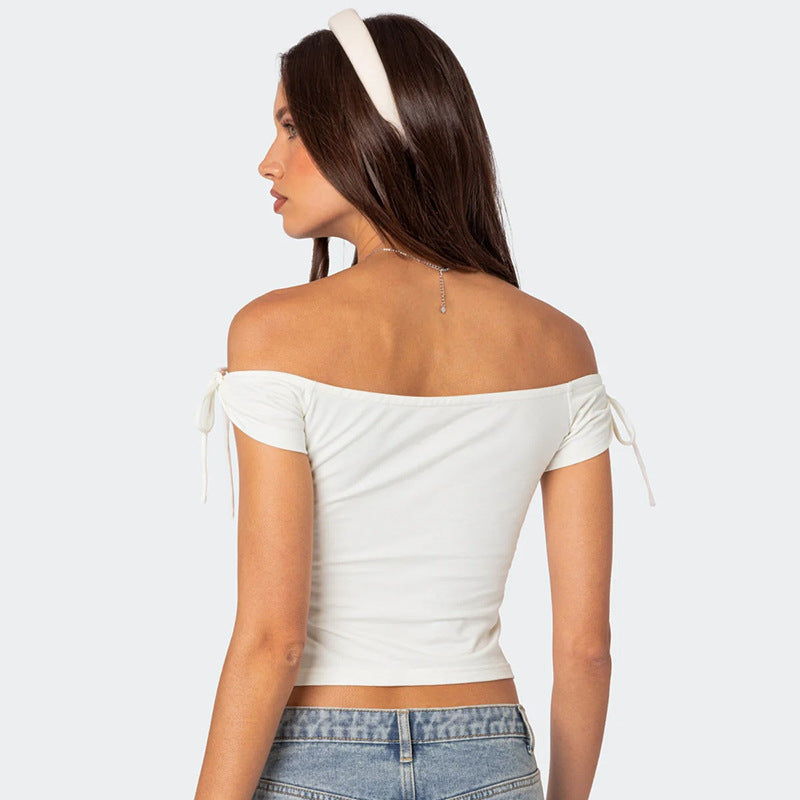 LANTHE - Off-Shoulder Tie Sleeve Crop Top
