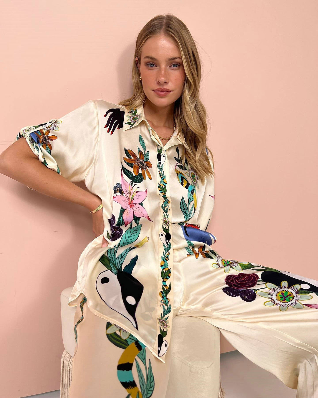 AZUMI - Women's Floral Shirt & Wide-Leg Pants Set