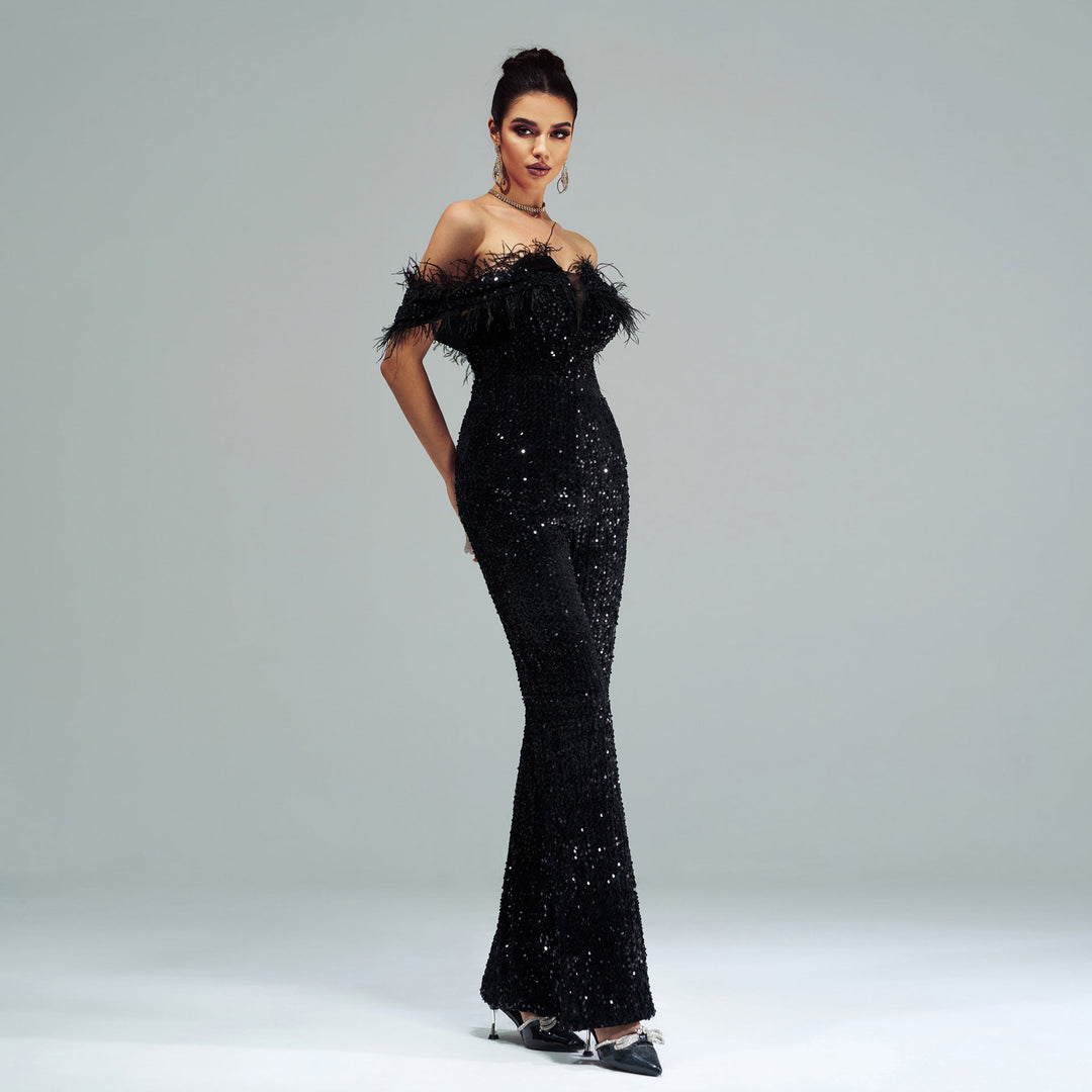 YOTEI - Off-Shoulder Sequin Jumpsuit with Feather Trim