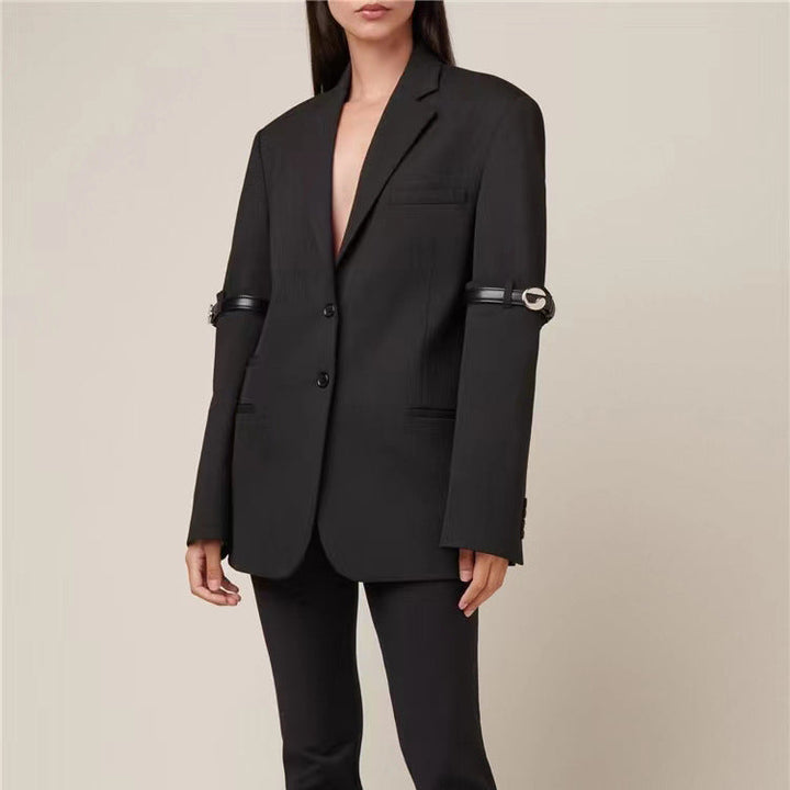 AKIRA - Women’s Black Oversized Blazer with Buckle Sleeve Detail