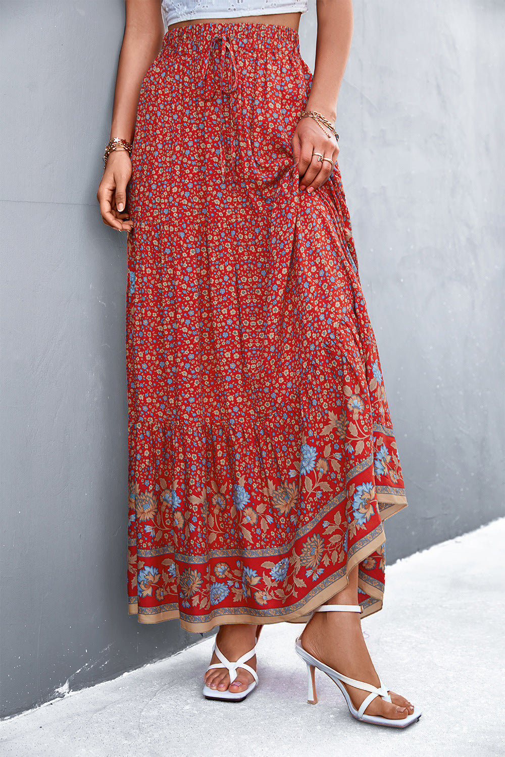 MAREE - Women's Bohemian Red Floral Maxi Skirt