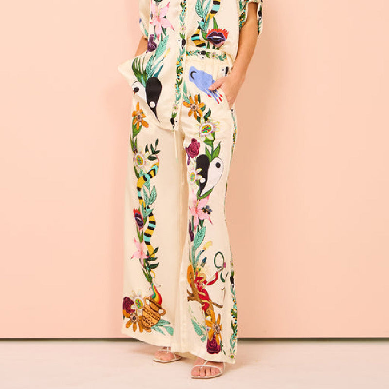 AZUMI - Women's Floral Shirt & Wide-Leg Pants Set