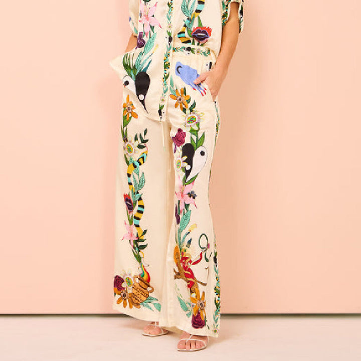 AZUMI - Women's Floral Shirt & Wide-Leg Pants Set