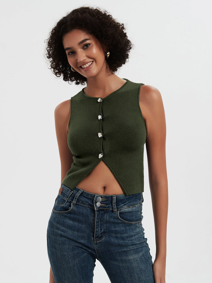 KEI - Women’s Sleeveless Button Ribbed Crop Top